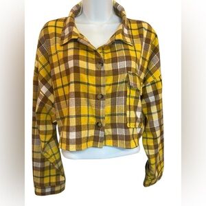 Yellow Plaid Women's Crop Top Flannel Shirt, Size L, EUC